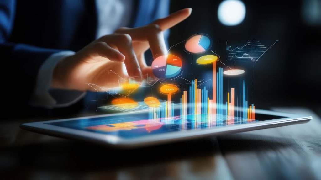 Business man with a Ipad Device and Pie charts illustrations